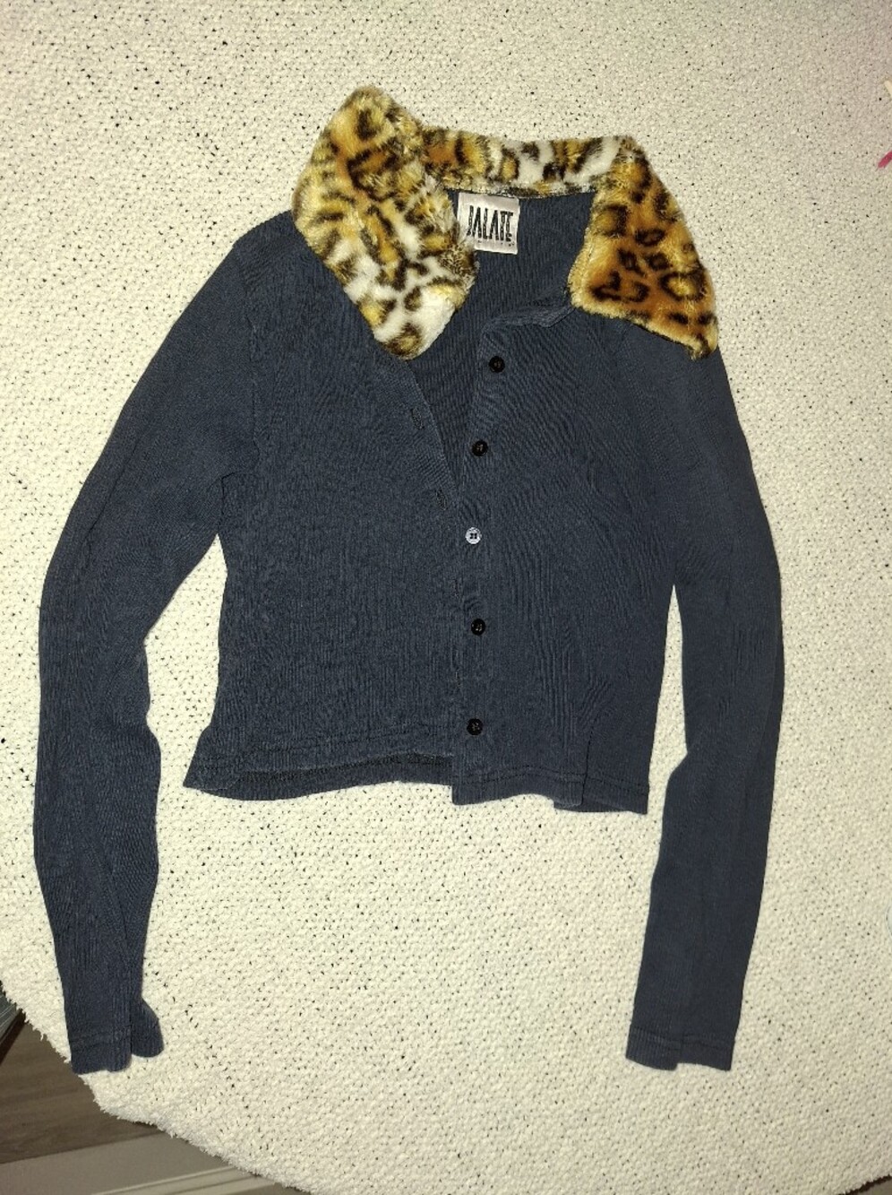 MALAIte Navy Button-Up Sweater with Leopard Faux-Fur Collar